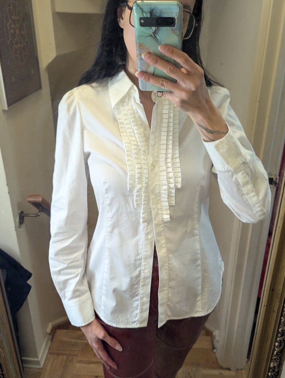 EUC Anne Klein ruffle bib front blouse Y2K sz6 white stretch cotton